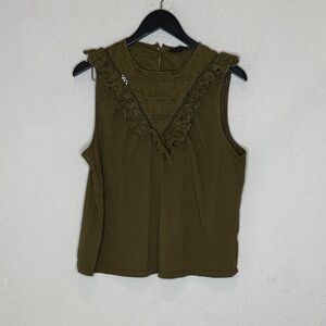 J crew Olive Green Sleeveless Lace Trim Top L